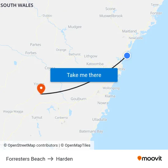 Forresters Beach to Harden map