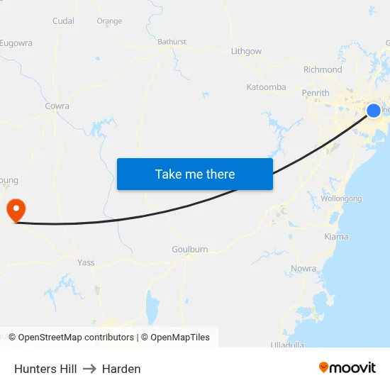Hunters Hill to Harden map
