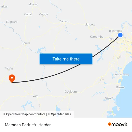 Marsden Park to Harden map