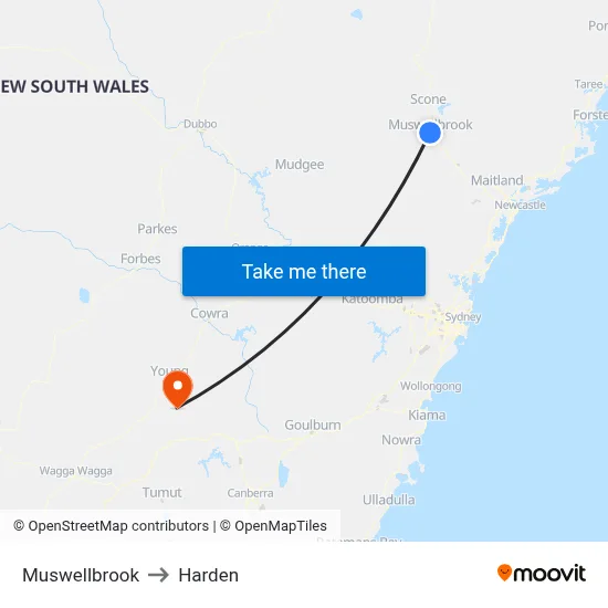 Muswellbrook to Harden map
