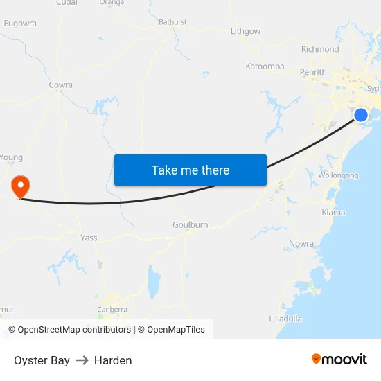 Oyster Bay to Harden map