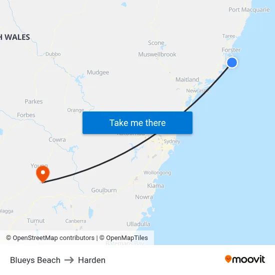 Blueys Beach to Harden map
