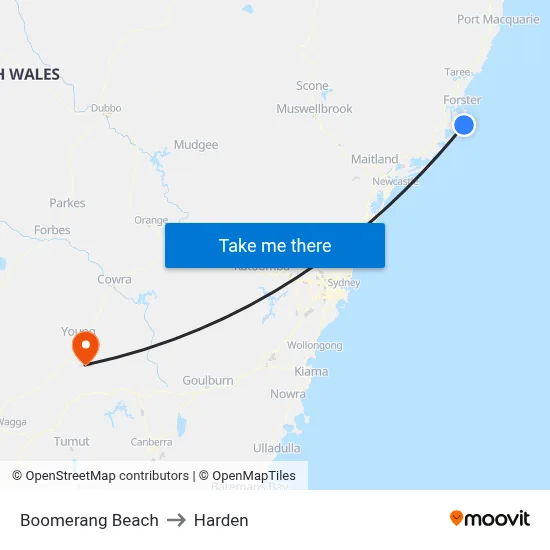 Boomerang Beach to Harden map