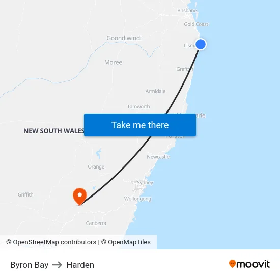 Byron Bay to Harden map