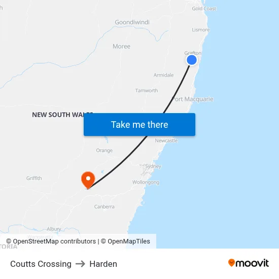 Coutts Crossing to Harden map