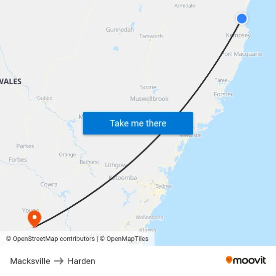 Macksville to Harden map