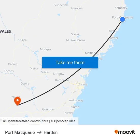 Port Macquarie to Harden map