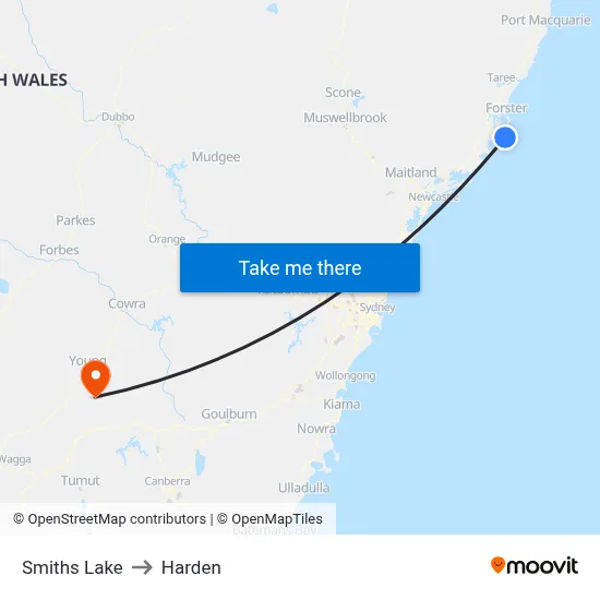 Smiths Lake to Harden map