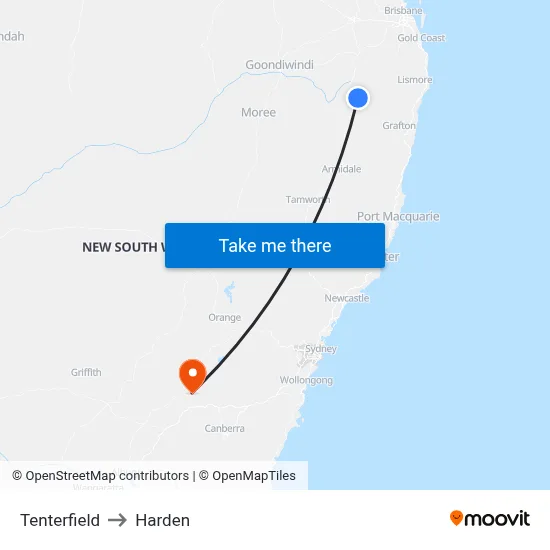 Tenterfield to Harden map