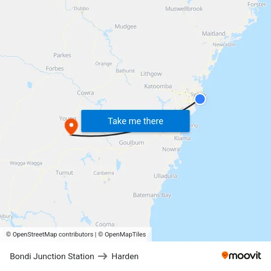 Bondi Junction Station to Harden map