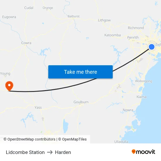 Lidcombe Station to Harden map