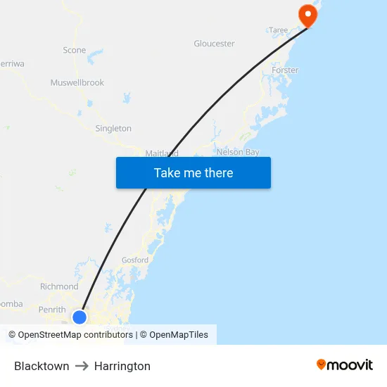 Blacktown to Harrington map