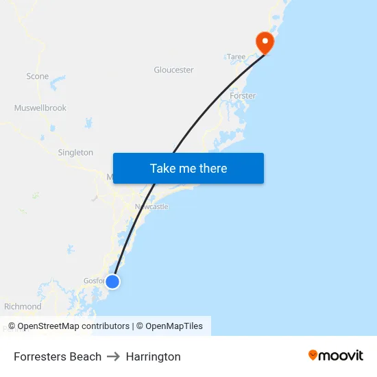 Forresters Beach to Harrington map