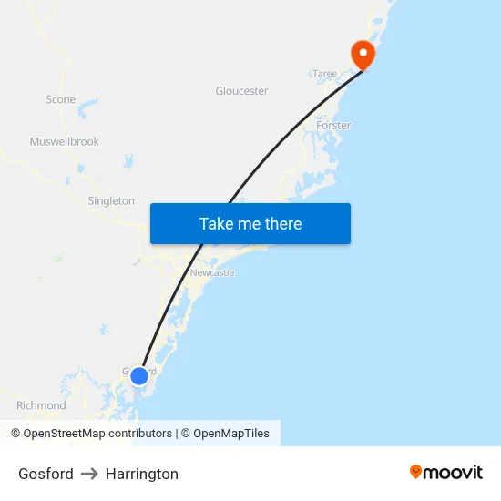 Gosford to Harrington map