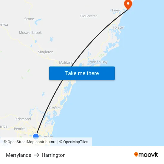 Merrylands to Harrington map