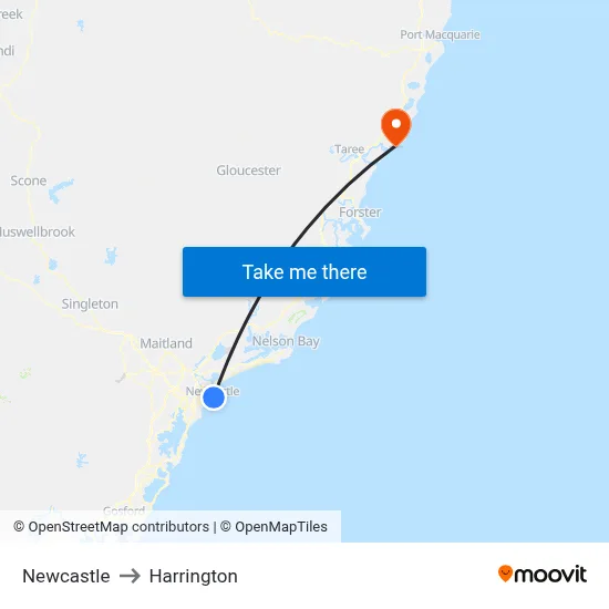 Newcastle to Harrington map