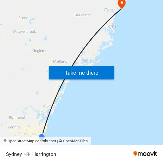 Sydney to Harrington map