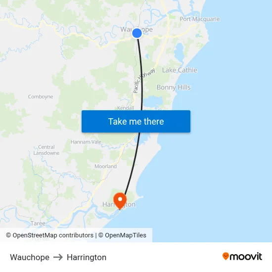 Wauchope to Harrington map