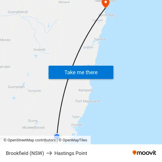 Brookfield (NSW) to Hastings Point map