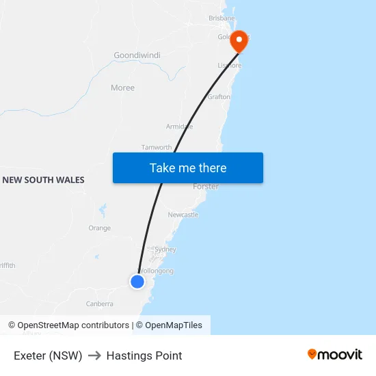 Exeter (NSW) to Hastings Point map