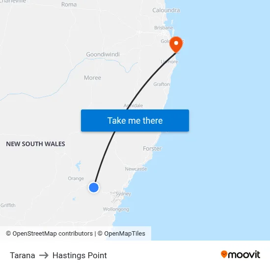 Tarana to Hastings Point map