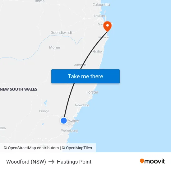 Woodford (NSW) to Hastings Point map