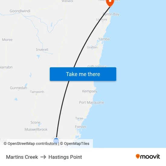 Martins Creek to Hastings Point map