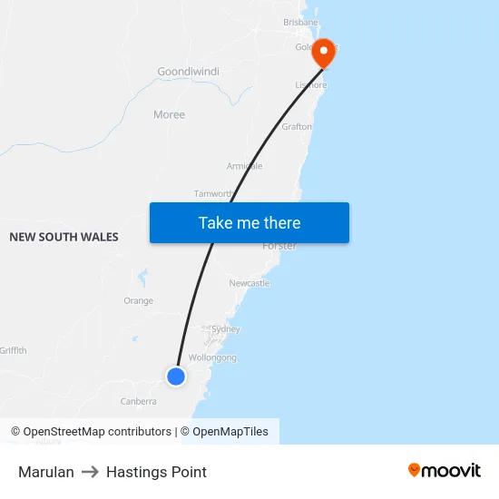 Marulan to Hastings Point map