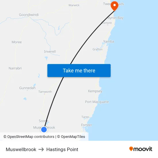 Muswellbrook to Hastings Point map