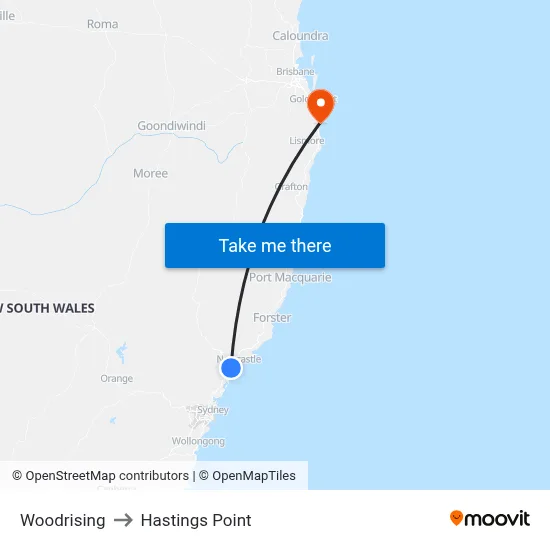 Woodrising to Hastings Point map