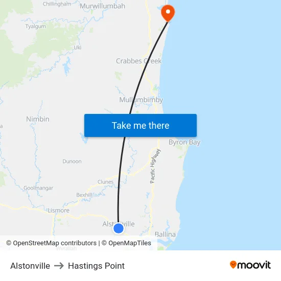 Alstonville to Hastings Point map
