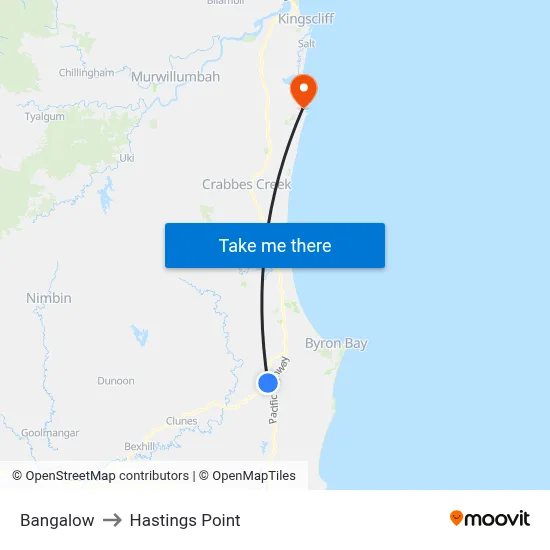 Bangalow to Hastings Point map