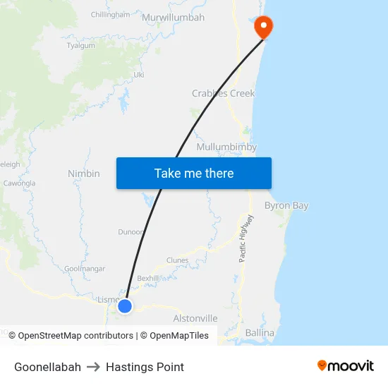 Goonellabah to Hastings Point map
