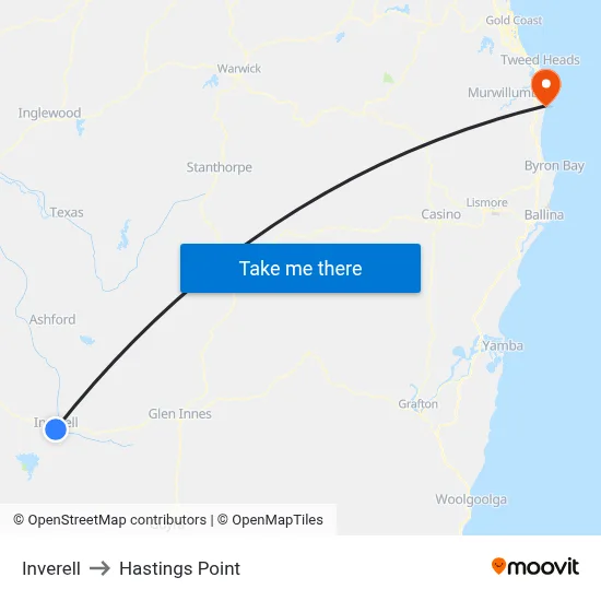Inverell to Hastings Point map