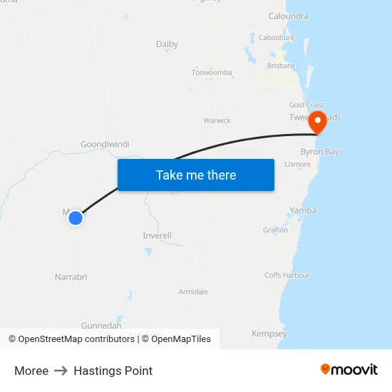 Moree to Hastings Point map