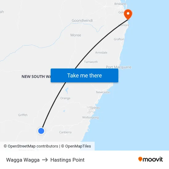 Wagga Wagga to Hastings Point map