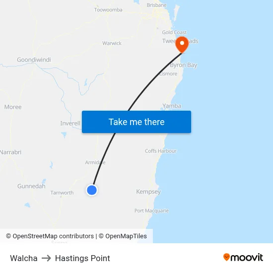 Walcha to Hastings Point map