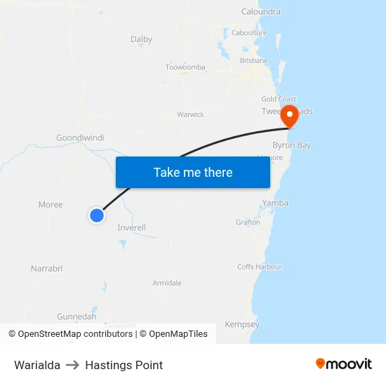Warialda to Hastings Point map