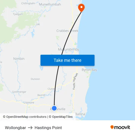 Wollongbar to Hastings Point map