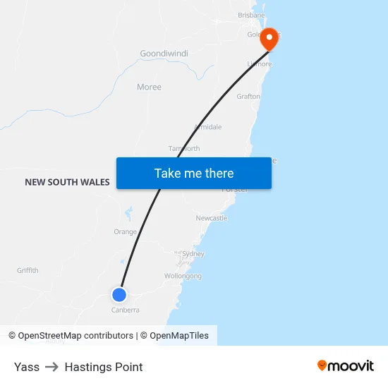 Yass to Hastings Point map