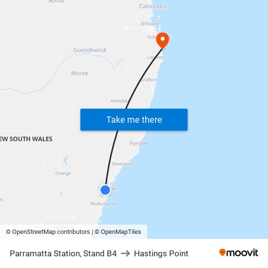 Parramatta Station, Stand B4 to Hastings Point map