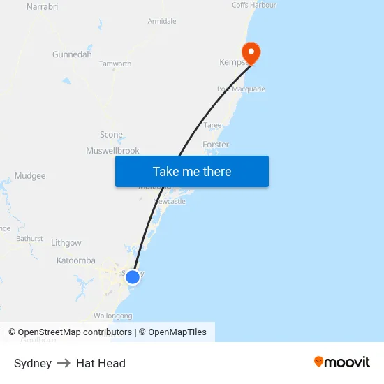 Sydney to Hat Head map