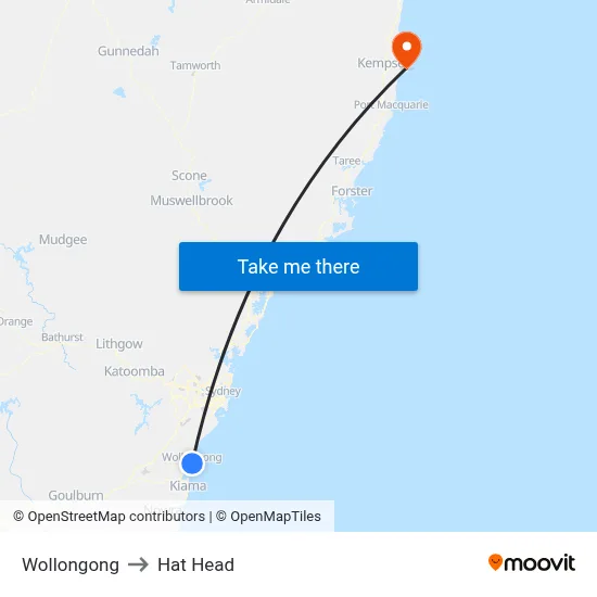 Wollongong to Hat Head map