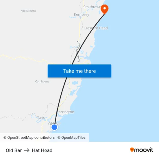 Old Bar to Hat Head map