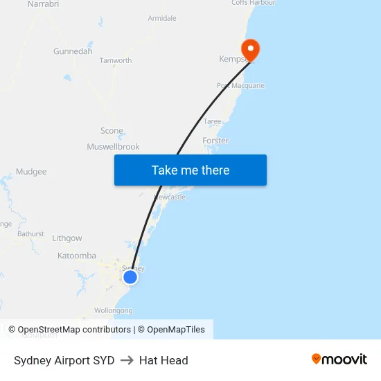 Sydney Airport SYD to Hat Head map