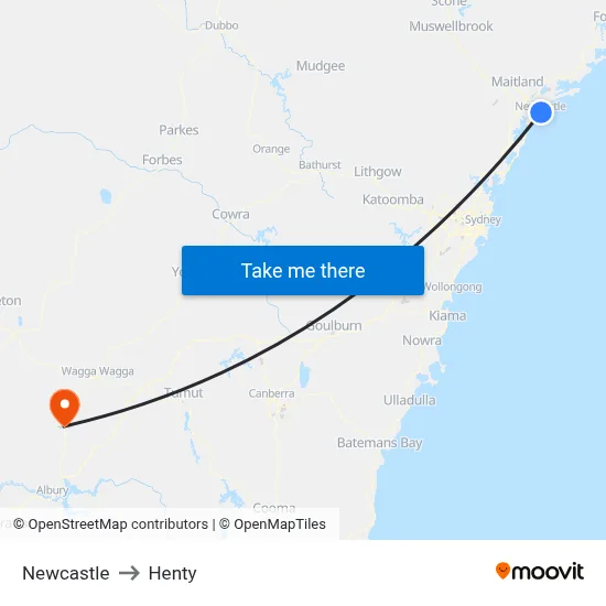Newcastle to Henty map