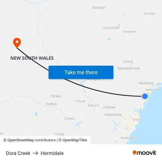 Dora Creek to Hermidale map