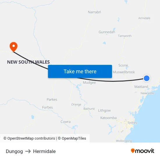 Dungog to Hermidale map