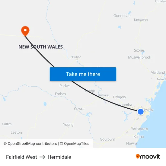Fairfield West to Hermidale map