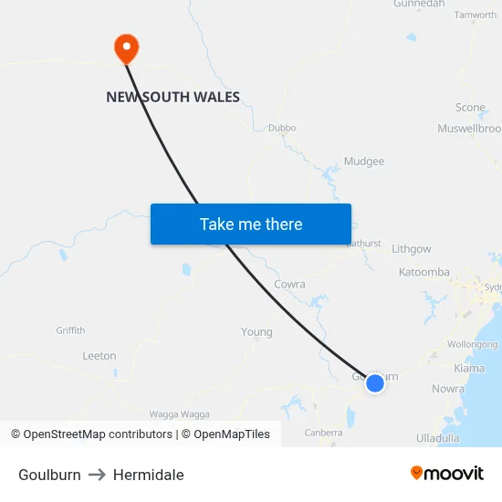 Goulburn to Hermidale map